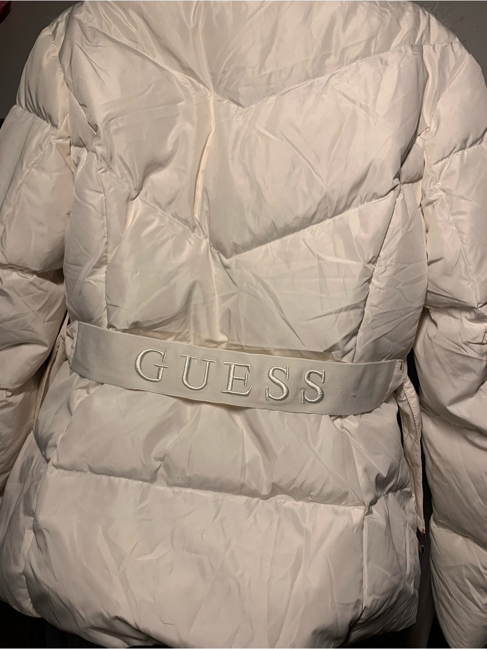 GUESS Women's Cream Quilted Puffer Jacket with Logo Waist Belt
